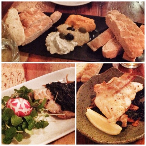 hummus and bread, sea bream, cod and wild mushrooms