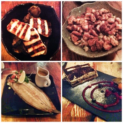 corgette & holloumi, grilled chicken, dover sole & tiramisu